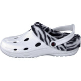 Duflex Clogs Winter weiss mit Zebra-Muster Innenfutter